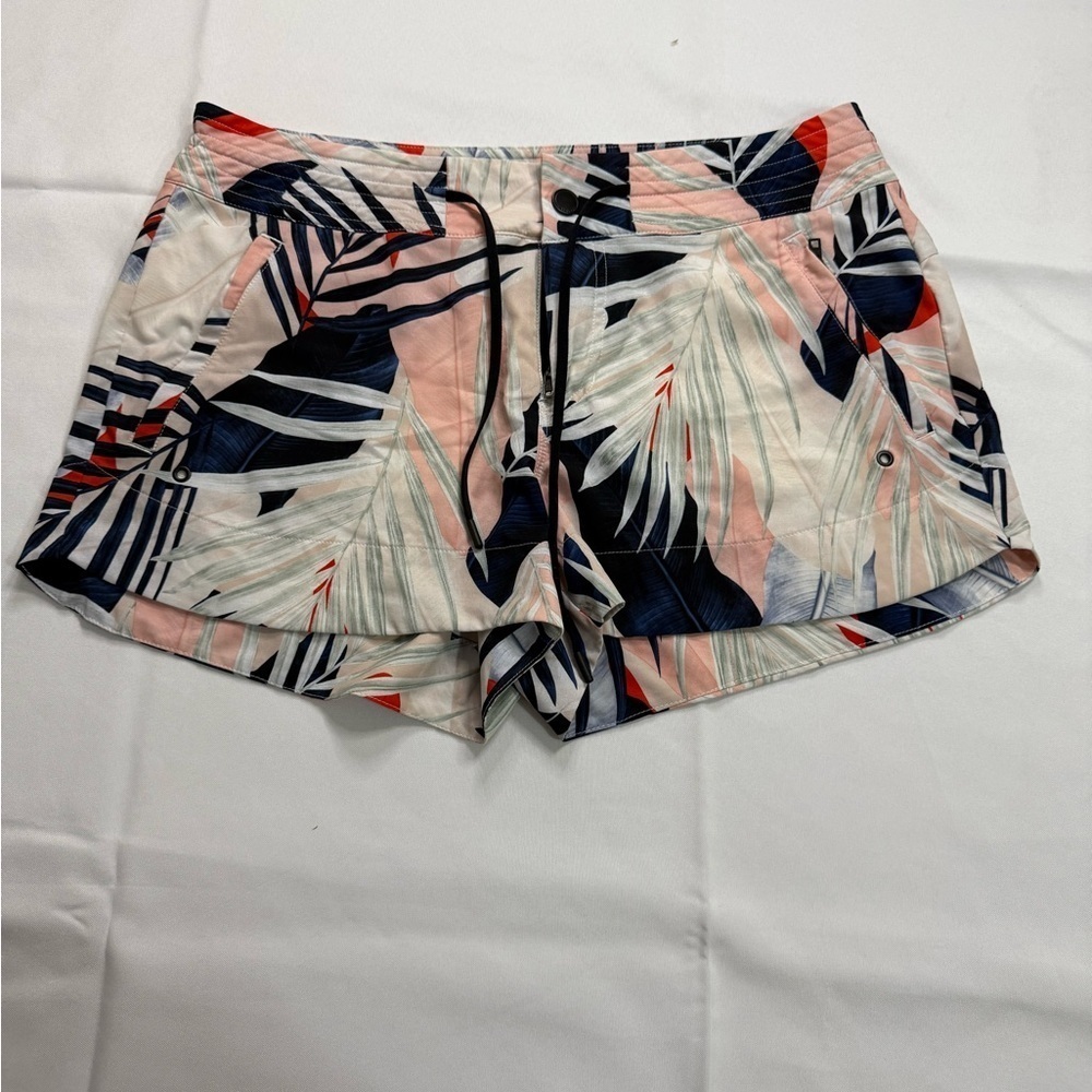 Athleta High Waist Pink and Blue Shorts with Tropical Print